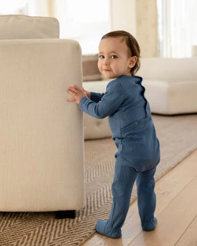 Minimoi Solid Color Ribbed Cotton Blend Button-down Footie In Blue