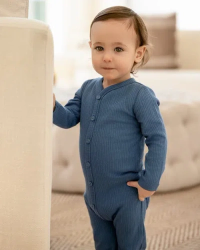 Minimoi Solid Color Ribbed Cotton Blend Button-down Footie In Blue