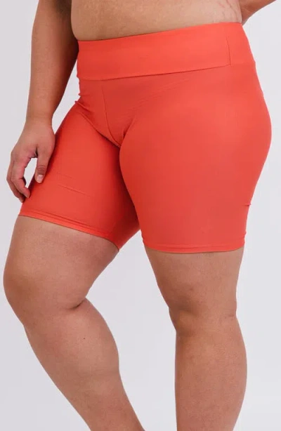 Calypsa Plus Size Mid-thigh Swim Shorts In Pink