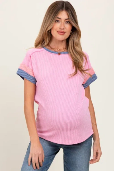 Pinkblush Ribbed Colorblock Detail Short Sleeve Top In Pink