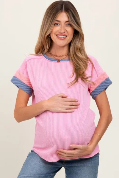 Pinkblush Ribbed Colorblock Detail Short Sleeve Top In Pink