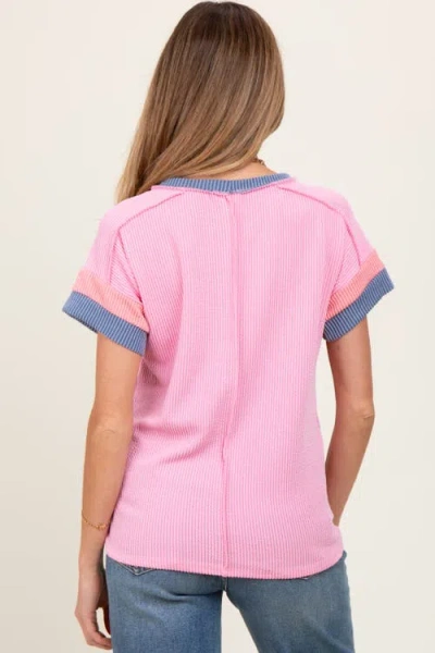 Pinkblush Ribbed Colorblock Detail Short Sleeve Top In Pink