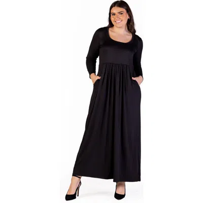 24seven Comfort Apparel Plus Size Long Sleeve Maxi Dress With Pockets In Black