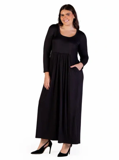 24seven Comfort Apparel Plus Size Long Sleeve Maxi Dress With Pockets In Black
