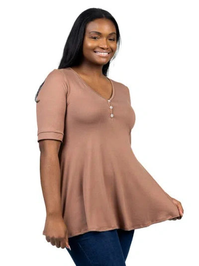 24seven Comfort Apparel Plus Size Elbow Sleeve Henley Tunic Top In Brown