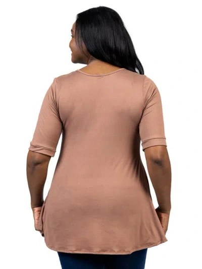 24seven Comfort Apparel Plus Size Elbow Sleeve Henley Tunic Top In Brown