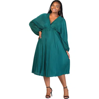 24seven Comfort Apparel V-neck Empire Waist Bishop Sleeve Midi Dress In Green