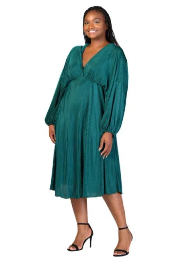 24seven Comfort Apparel V-neck Empire Waist Bishop Sleeve Midi Dress In Green