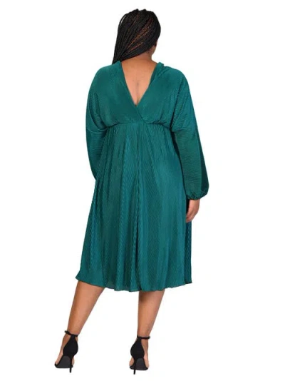 24seven Comfort Apparel V-neck Empire Waist Bishop Sleeve Midi Dress In Green