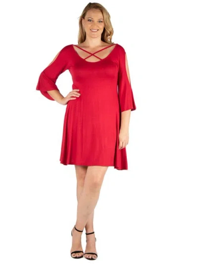 24seven Comfort Apparel Criss Cross Neckline Cold Shoulder Dress In Red