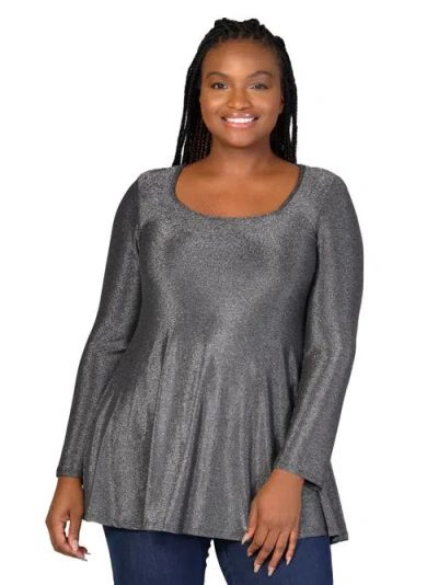 24seven Comfort Apparel Scoop Neck Long Sleeve Shimmery Fabric Tunic Top In Silver