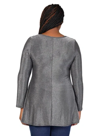 24seven Comfort Apparel Scoop Neck Long Sleeve Shimmery Fabric Tunic Top In Silver