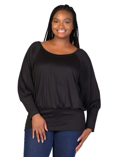 24seven Comfort Apparel Round Neck Long Blouson Sleeve Banded Bottom Top In Black