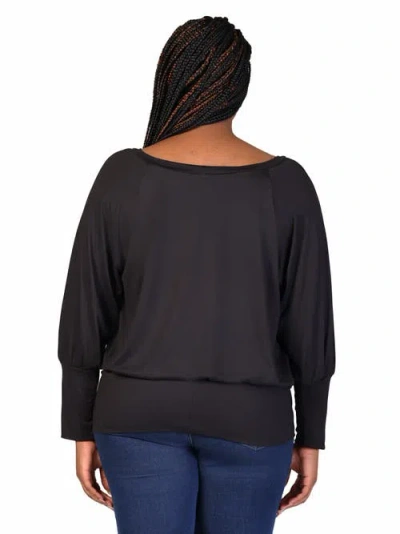 24seven Comfort Apparel Round Neck Long Blouson Sleeve Banded Bottom Top In Black