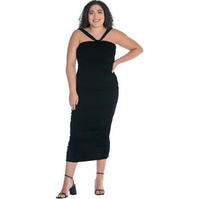 24seven Comfort Apparel Women's Halter Neck Ruched Bodycon Mid Dress In Black