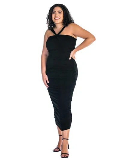 24seven Comfort Apparel Women's Halter Neck Ruched Bodycon Mid Dress In Black