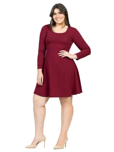 24seven Comfort Apparel Long Sleeve Knee Length Skater Dress In Burgundy