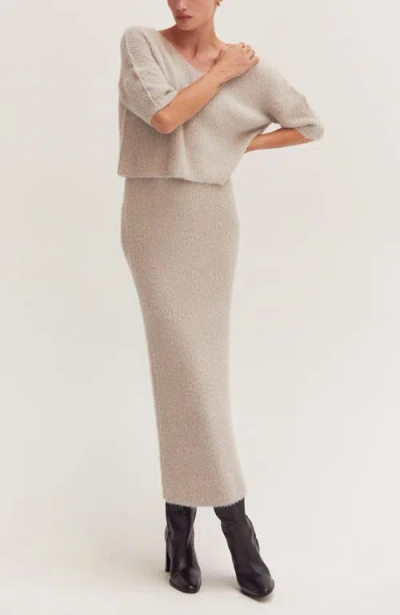 Crescent Fuzzy Top And Midi Skirt Set In Gray