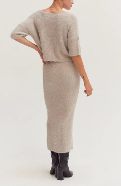 Crescent Fuzzy Top And Midi Skirt Set In Gray