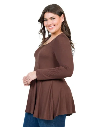 24seven Comfort Apparel Poised Long Sleeve Swing Tunic Top In Brown