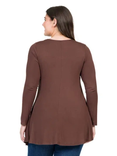 24seven Comfort Apparel Poised Long Sleeve Swing Tunic Top In Brown