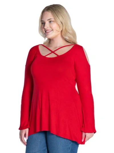 24seven Comfort Apparel Long Sleeve Criss Cross Cold Shoulder Top In Red