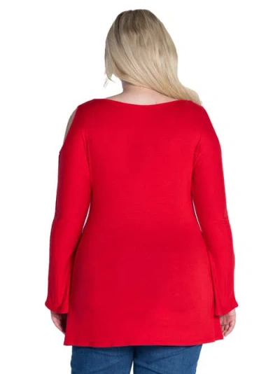 24seven Comfort Apparel Long Sleeve Criss Cross Cold Shoulder Top In Red