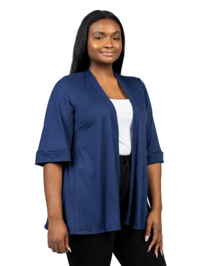 24seven Comfort Apparel Plus Size Elbow Length Open Front Cardigan Sweater In Blue