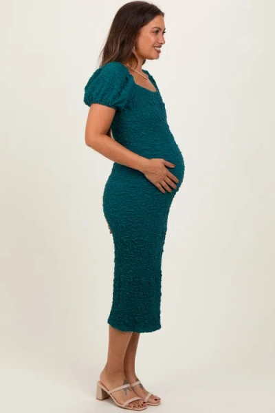 Pinkblush Textured Square Neck Puff Sleeve Midi Dress In Green