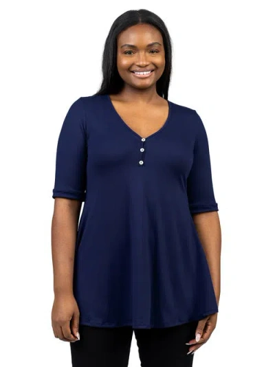 24seven Comfort Apparel Plus Size Elbow Sleeve Henley Tunic Top In Blue