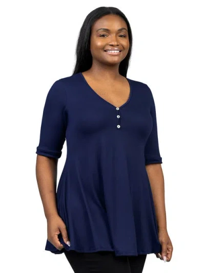 24seven Comfort Apparel Plus Size Elbow Sleeve Henley Tunic Top In Blue