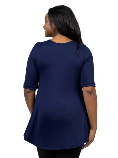 24seven Comfort Apparel Plus Size Elbow Sleeve Henley Tunic Top In Blue