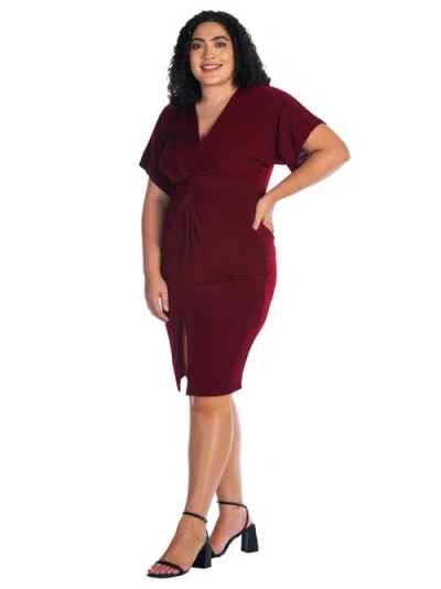 24seven Comfort Apparel Women's Short Sleeve V-neck Twist Front Dress In Burgundy