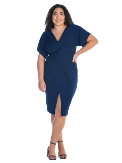 24seven Comfort Apparel Plus Size Short Sleeve V-neck Twist Front Split Hem Dress In Blue