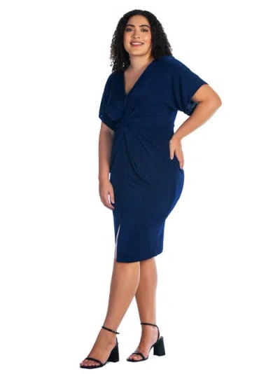 24seven Comfort Apparel Plus Size Short Sleeve V-neck Twist Front Split Hem Dress In Blue