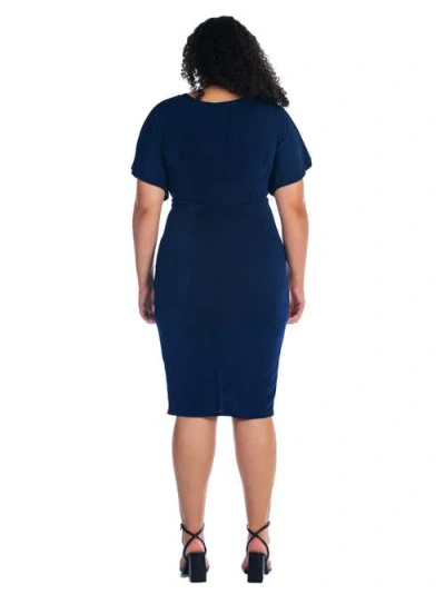 24seven Comfort Apparel Plus Size Short Sleeve V-neck Twist Front Split Hem Dress In Blue