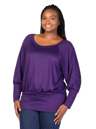 24seven Comfort Apparel Round Neck Long Blouson Sleeve Banded Bottom Top In Purple