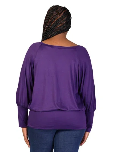 24seven Comfort Apparel Round Neck Long Blouson Sleeve Banded Bottom Top In Purple