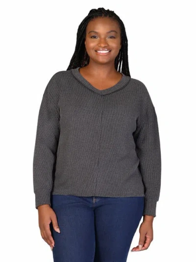 24seven Comfort Apparel Plus Size Fit Ribbed Knit V-neck Top In Black