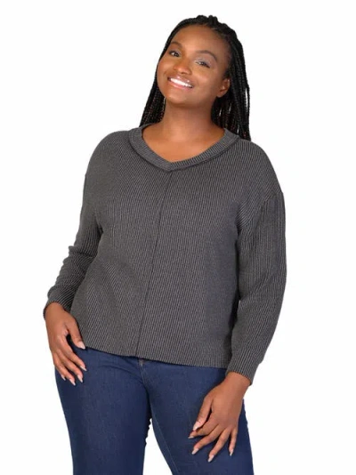24seven Comfort Apparel Plus Size Fit Ribbed Knit V-neck Top In Black
