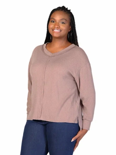 24seven Comfort Apparel Relaxed Fit Ribbed Knit V-neck Sweater Top In Brown