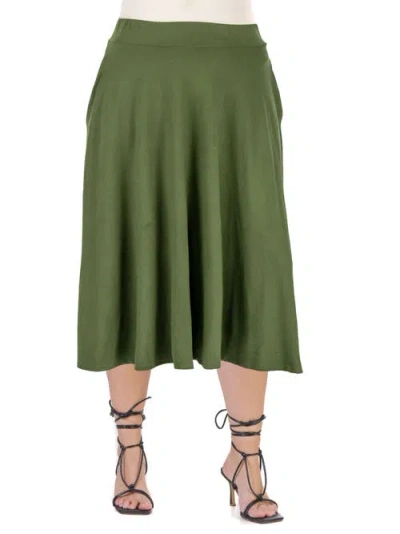 24seven Comfort Apparel Plus Size Elastic Waist Pleated Pocket Midi Skirt In Green