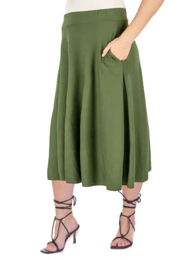 24seven Comfort Apparel Plus Size Elastic Waist Pleated Pocket Midi Skirt In Green