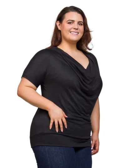 24seven Comfort Apparel Cowl Neck Short Sleeve Top With Banded Bottom In Black