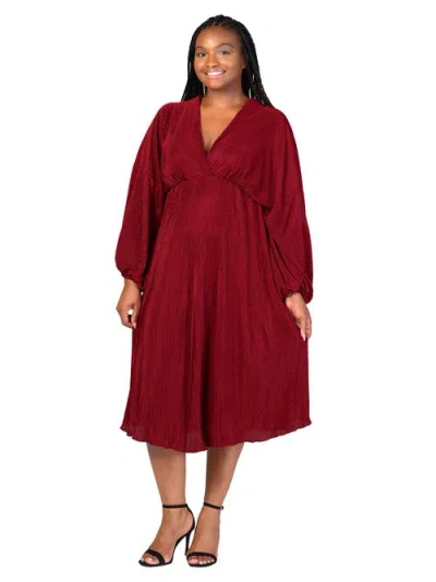 24seven Comfort Apparel V-neck Empire Waist Bishop Sleeve Midi Dress In Red