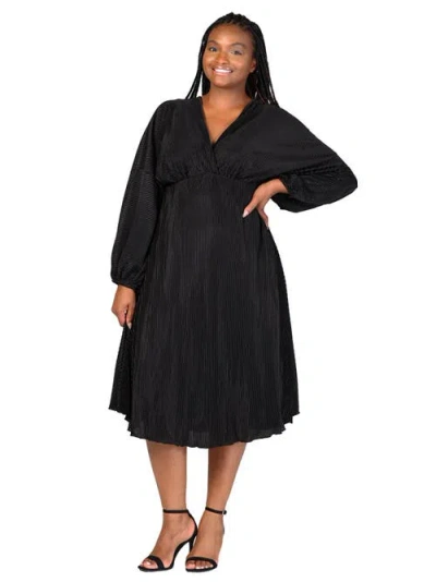24seven Comfort Apparel V-neck Empire Waist Bishop Sleeve Midi Dress In Black