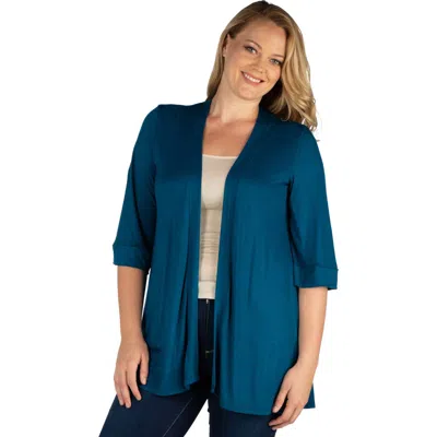 24seven Comfort Apparel Plus Size Elbow Length Open Front Cardigan Sweater In Blue