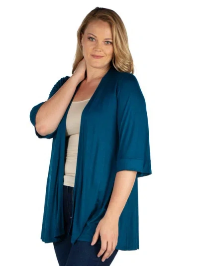 24seven Comfort Apparel Plus Size Elbow Length Open Front Cardigan Sweater In Blue