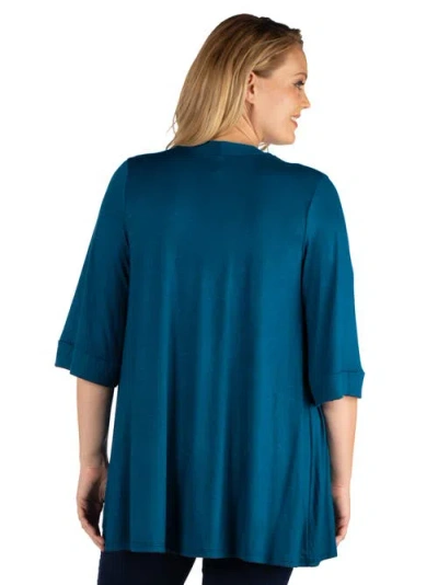 24seven Comfort Apparel Plus Size Elbow Length Open Front Cardigan Sweater In Blue