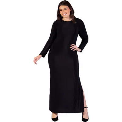 24seven Comfort Apparel Fitted Long Sleeve Shimmery Fabric Side Slit Maxi Dress In Black